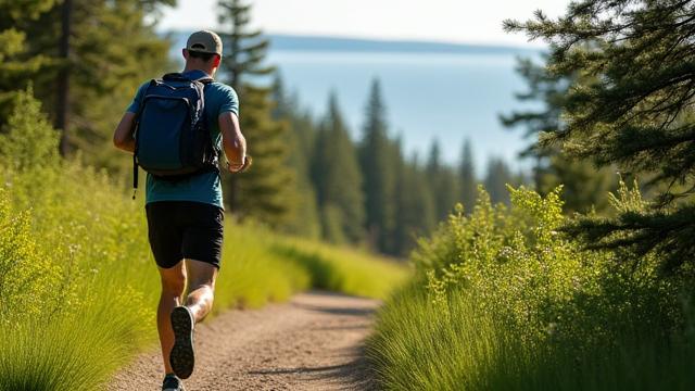 Man confidently hiking up a scenic trail in a Minnesota state park.