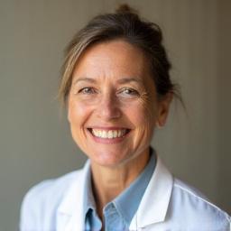 Dr. Alana Hayes, a friendly and wise-looking medical professional specializing in gerontology, smiling softly.