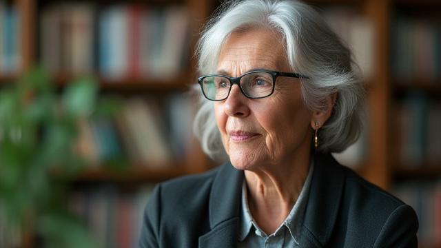 A distinguished looking University of Minnesota Gerontologist speaking thoughtfully during an interview, surrounded by a subtle academic background.